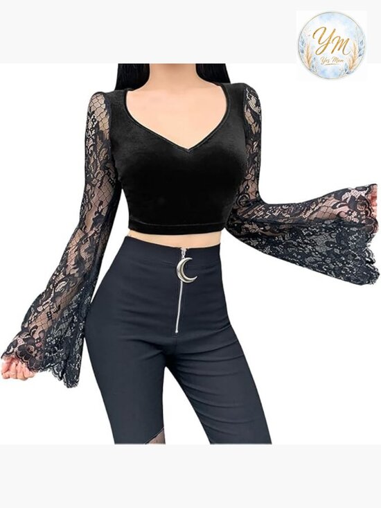 Tops - Gothic Crop Top with Velvet and Lace Long Sleeve V-Neck Top